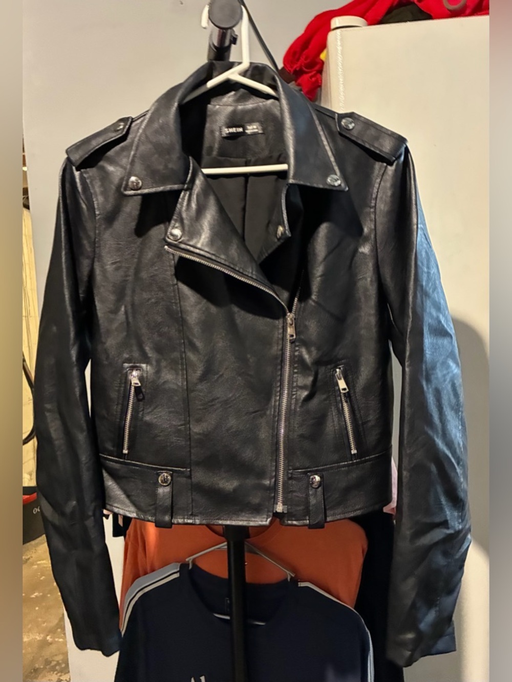 Women’s Black Pleather Motorcycle Jacket in Good Condition. Size Medium Tall. $9